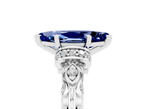 White gold Marquise Cut Blue Sapphire Solitaire Ring with Filigree Band and Four-Prong Setting_29