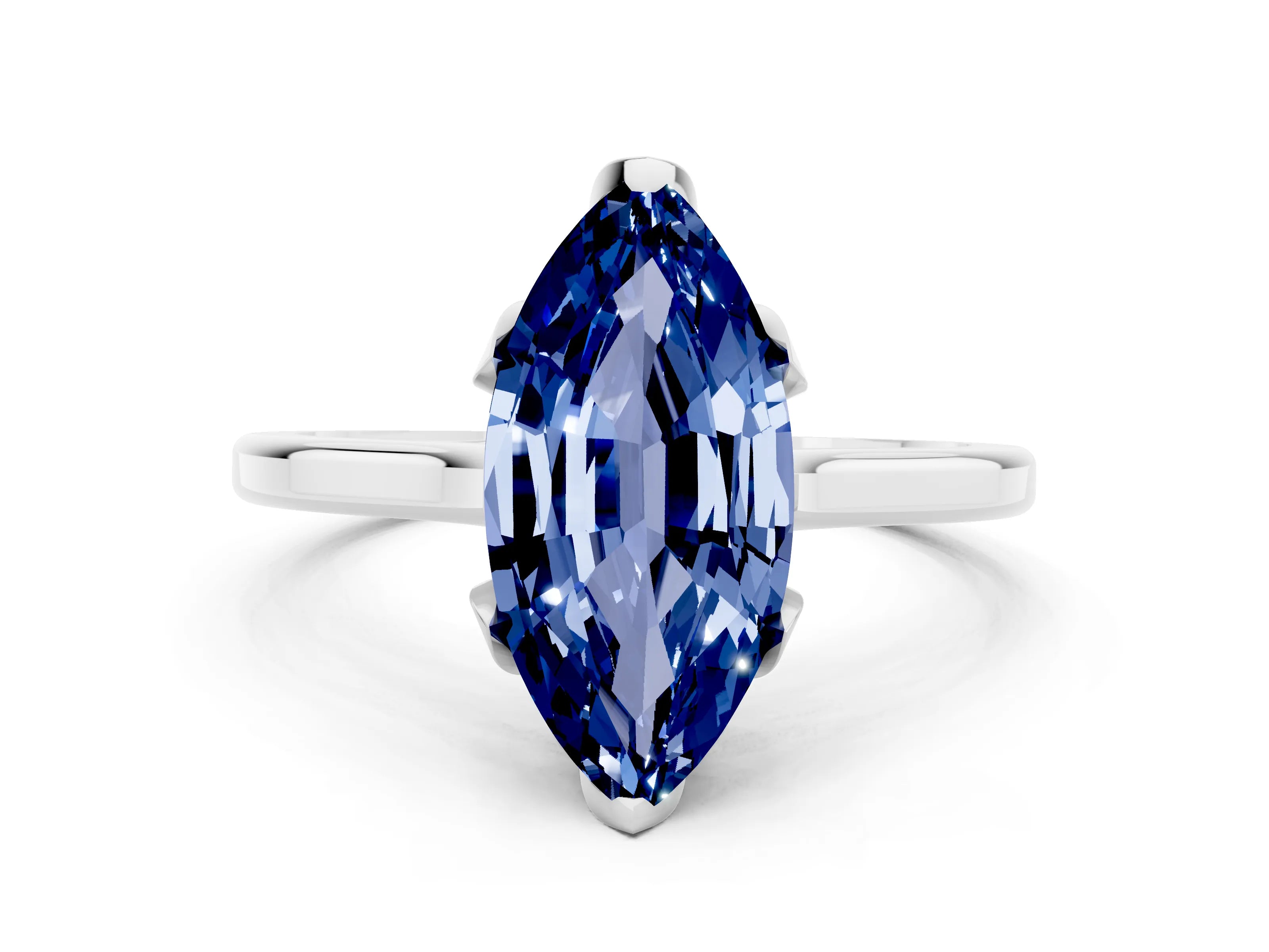 White gold Marquise Cut Blue Sapphire Solitaire Ring with Flower Prong Setting and Classic Band_12
