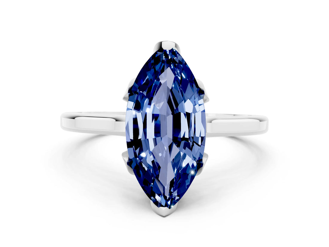 White gold Marquise Cut Blue Sapphire Solitaire Ring with Flower Prong Setting and Classic Band_12
