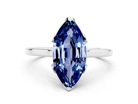 White gold Marquise Cut Blue Sapphire Solitaire Ring with Flower Prong Setting and Classic Band_12