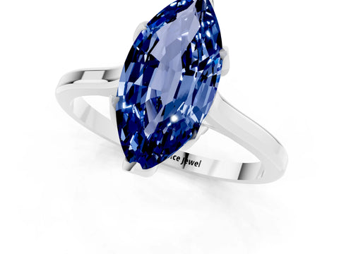 White gold Marquise Cut Blue Sapphire Solitaire Ring with Flower Prong Setting and Classic Band_13