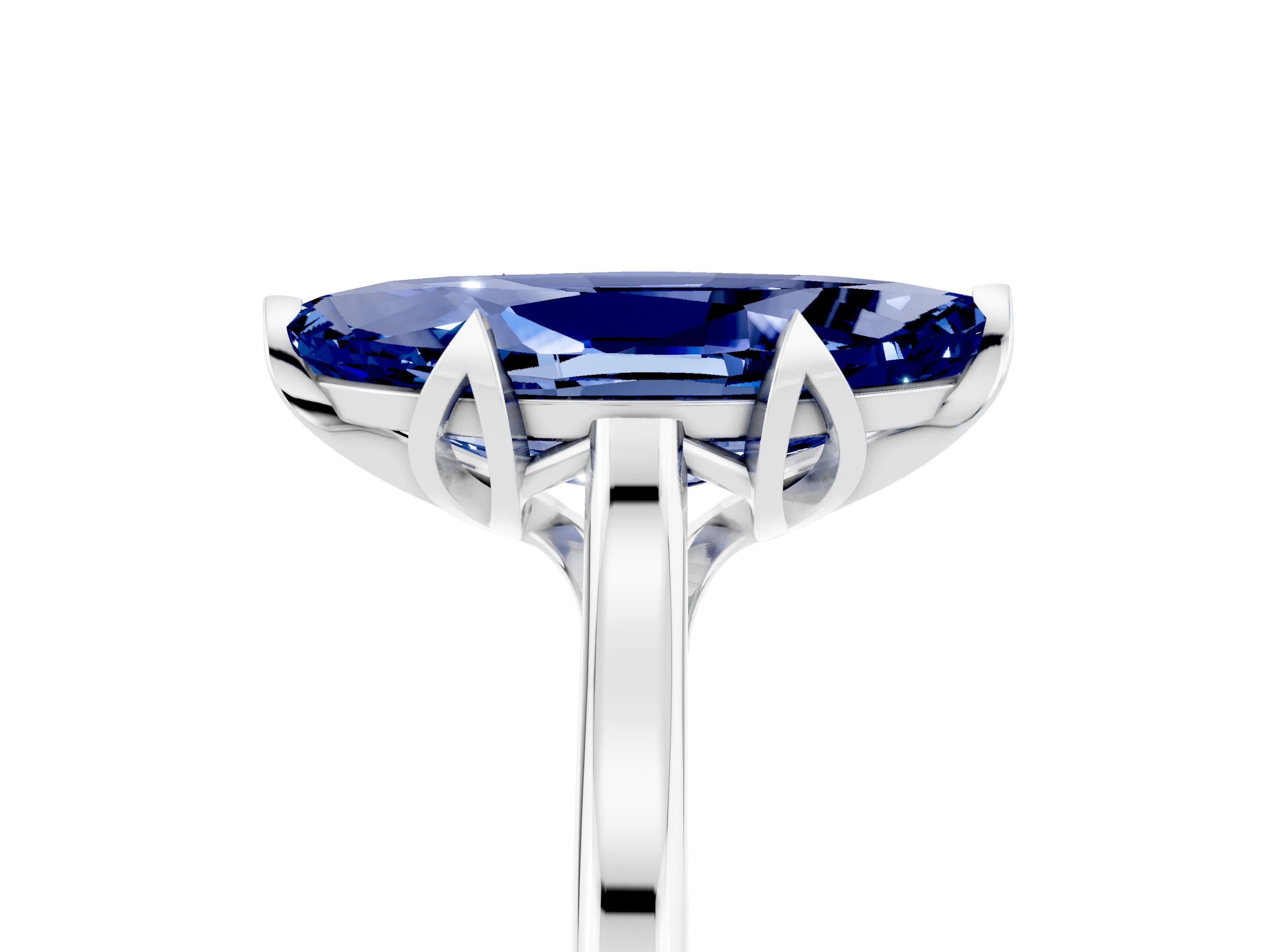 White gold Marquise Cut Blue Sapphire Solitaire Ring with Flower Prong Setting and Classic Band_17