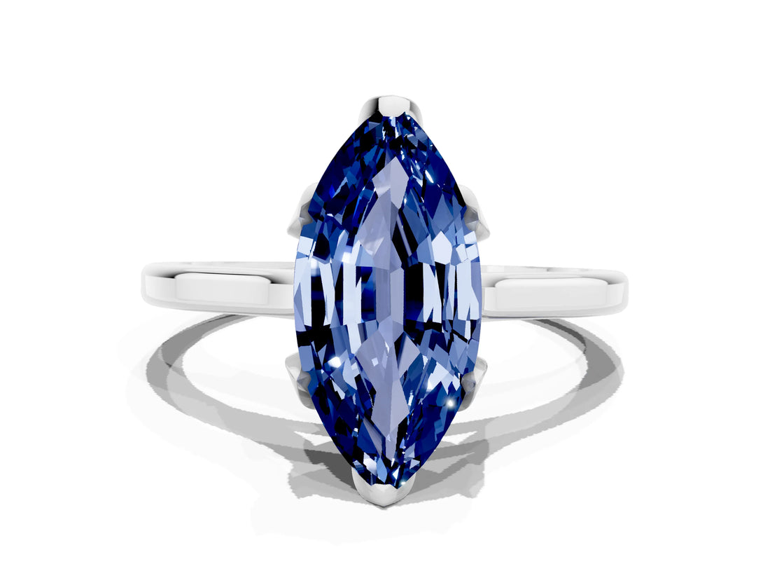 White gold Marquise Cut Blue Sapphire Solitaire Ring with Flower Prong Setting and Classic Band_48