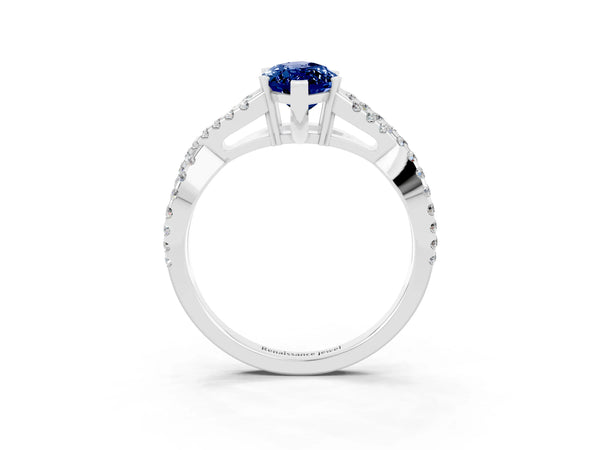 Platinum Marquise Cut Blue Sapphire Solitaire Ring with Four-Prong Setting and Twisted Pavé Band