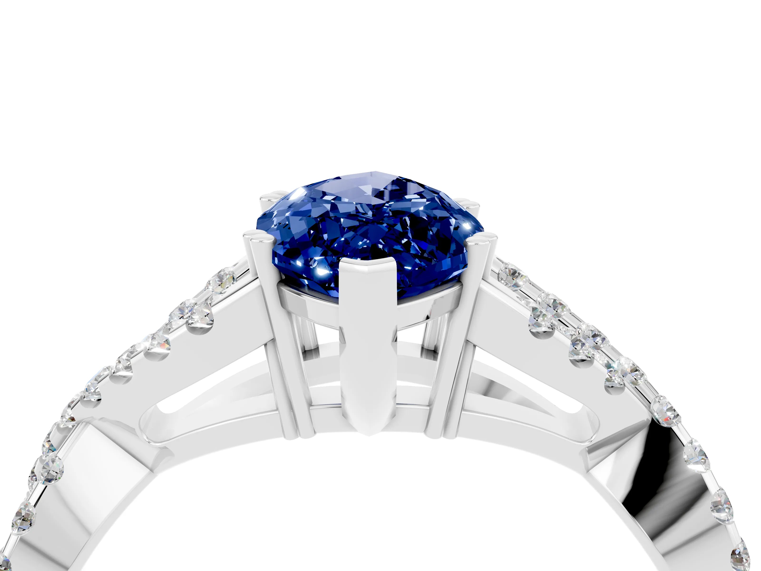 White gold Marquise Cut Blue Sapphire Solitaire Ring with Four-Prong Setting and Twisted Pavé Band_4