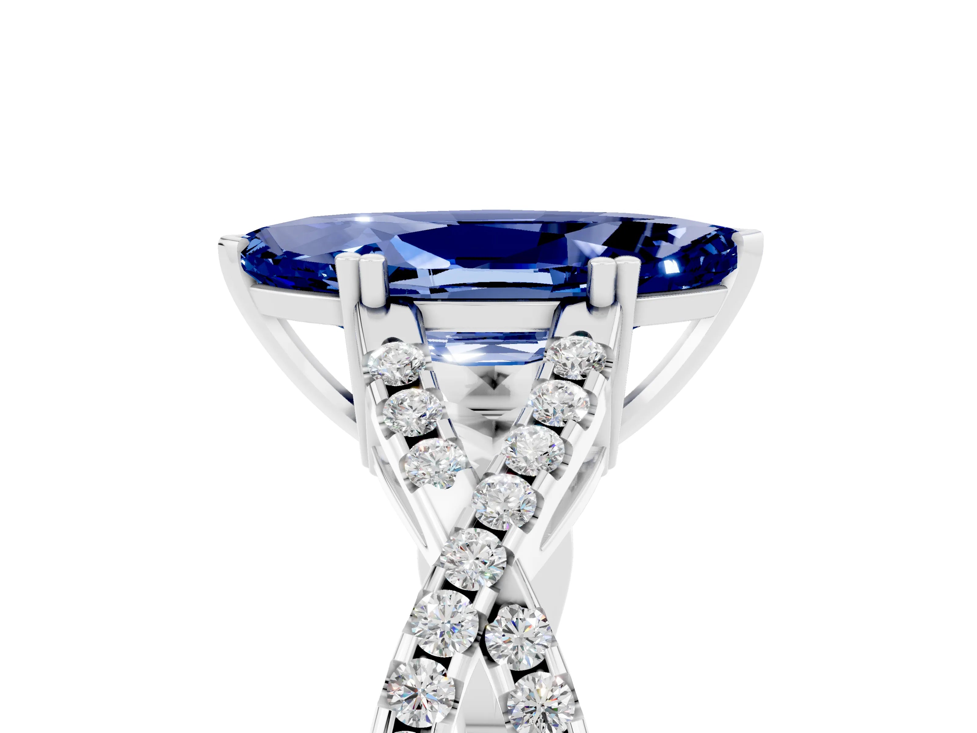 White gold Marquise Cut Blue Sapphire Solitaire Ring with Four-Prong Setting and Twisted Pavé Band_5