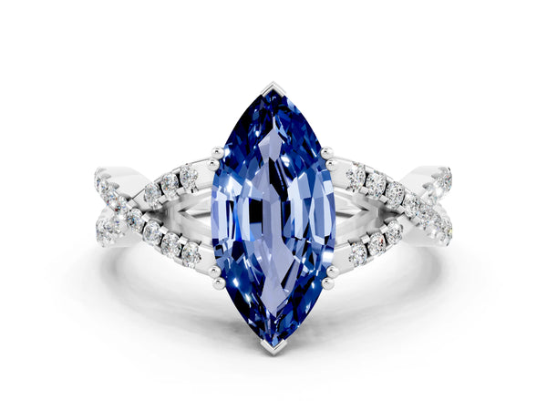 White gold Marquise Cut Blue Sapphire Solitaire Ring with Four-Prong Setting and Twisted Pavé Band