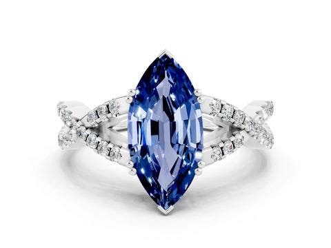 White gold Marquise Cut Blue Sapphire Solitaire Ring with Four-Prong Setting and Twisted Pavé Band