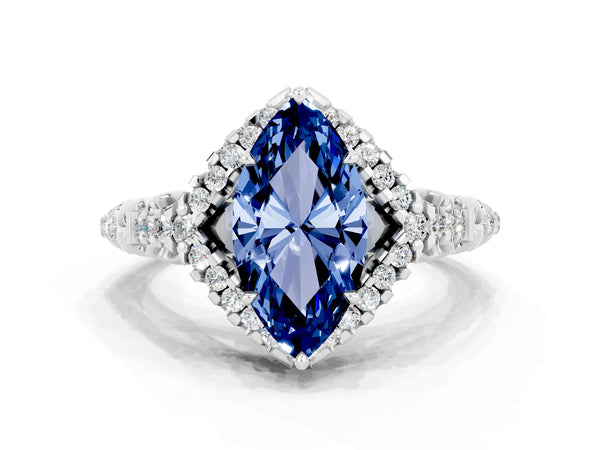Platinum Marquise Cut Blue Sapphire Solitaire Ring with Hidden Halo and Pavé Band