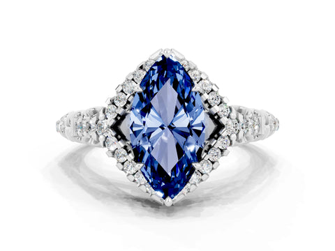 White gold Marquise Cut Blue Sapphire Solitaire Ring with Hidden Halo and Pavé Band_12