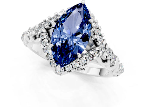 White gold Marquise Cut Blue Sapphire Solitaire Ring with Hidden Halo and Pavé Band_13