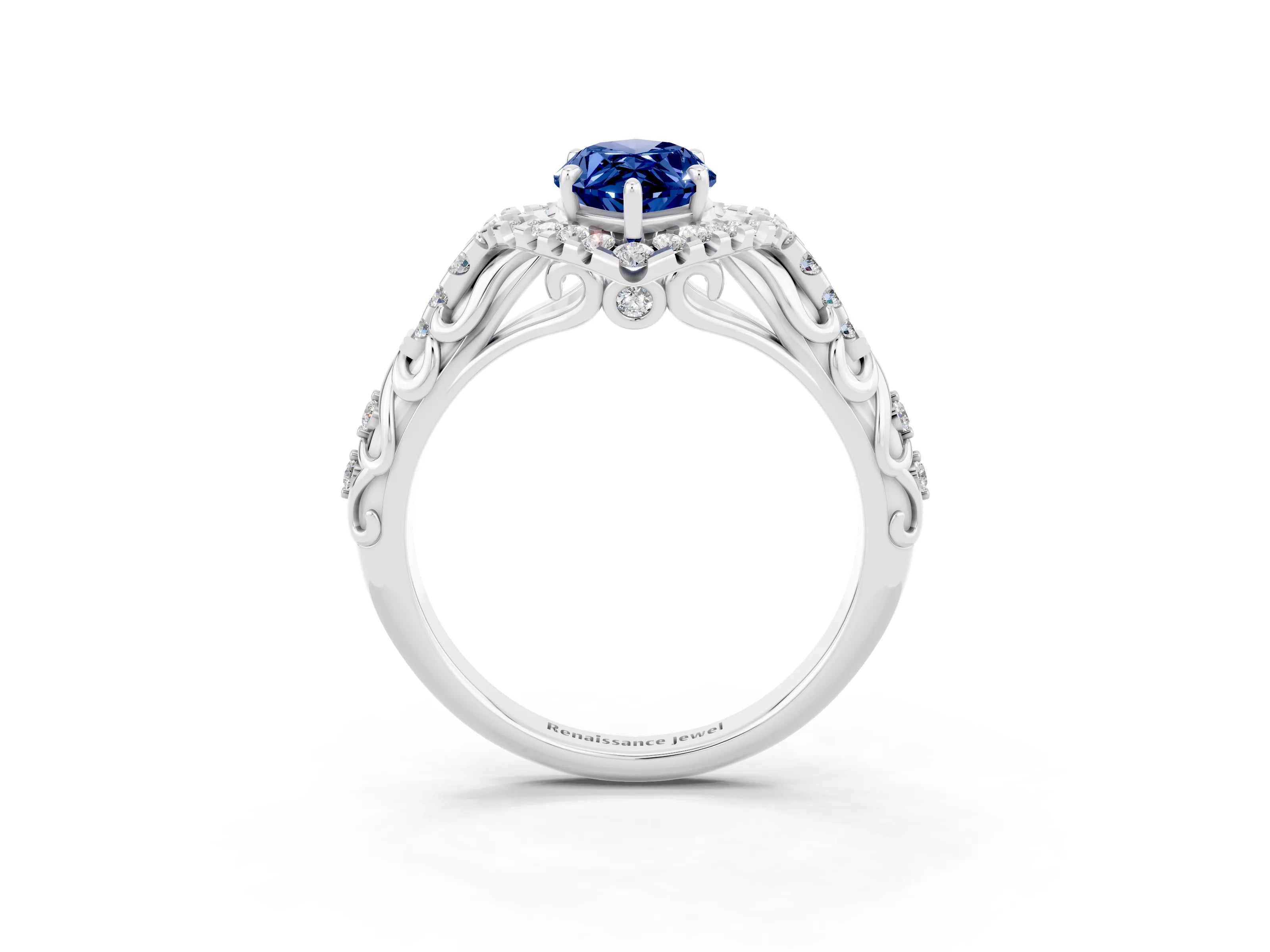 White gold Marquise Cut Blue Sapphire Solitaire Ring with Hidden Halo and Pavé Band_15