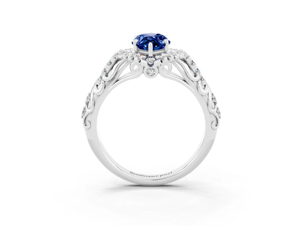 Silver Marquise Cut Blue Sapphire Solitaire Ring with Hidden Halo and Pavé Band