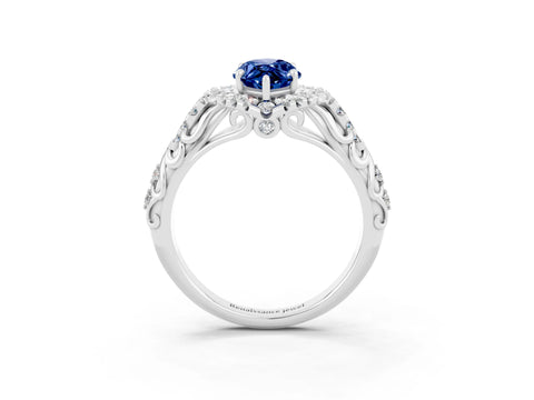 White gold Marquise Cut Blue Sapphire Solitaire Ring with Hidden Halo and Pavé Band_15