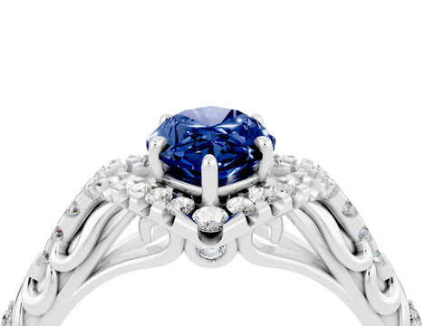 White gold Marquise Cut Blue Sapphire Solitaire Ring with Hidden Halo and Pavé Band_16