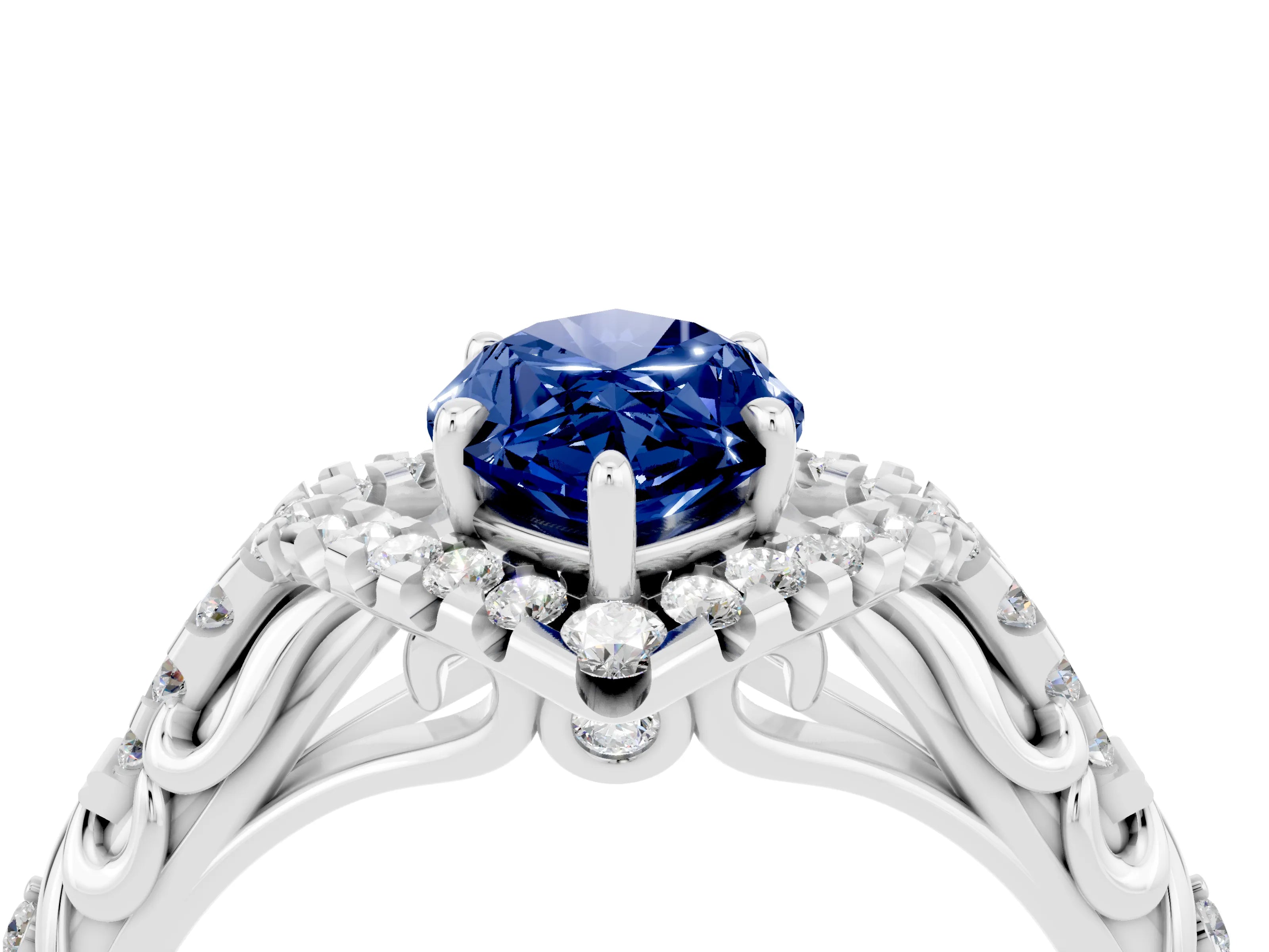 White gold Marquise Cut Blue Sapphire Solitaire Ring with Hidden Halo and Pavé Band_16