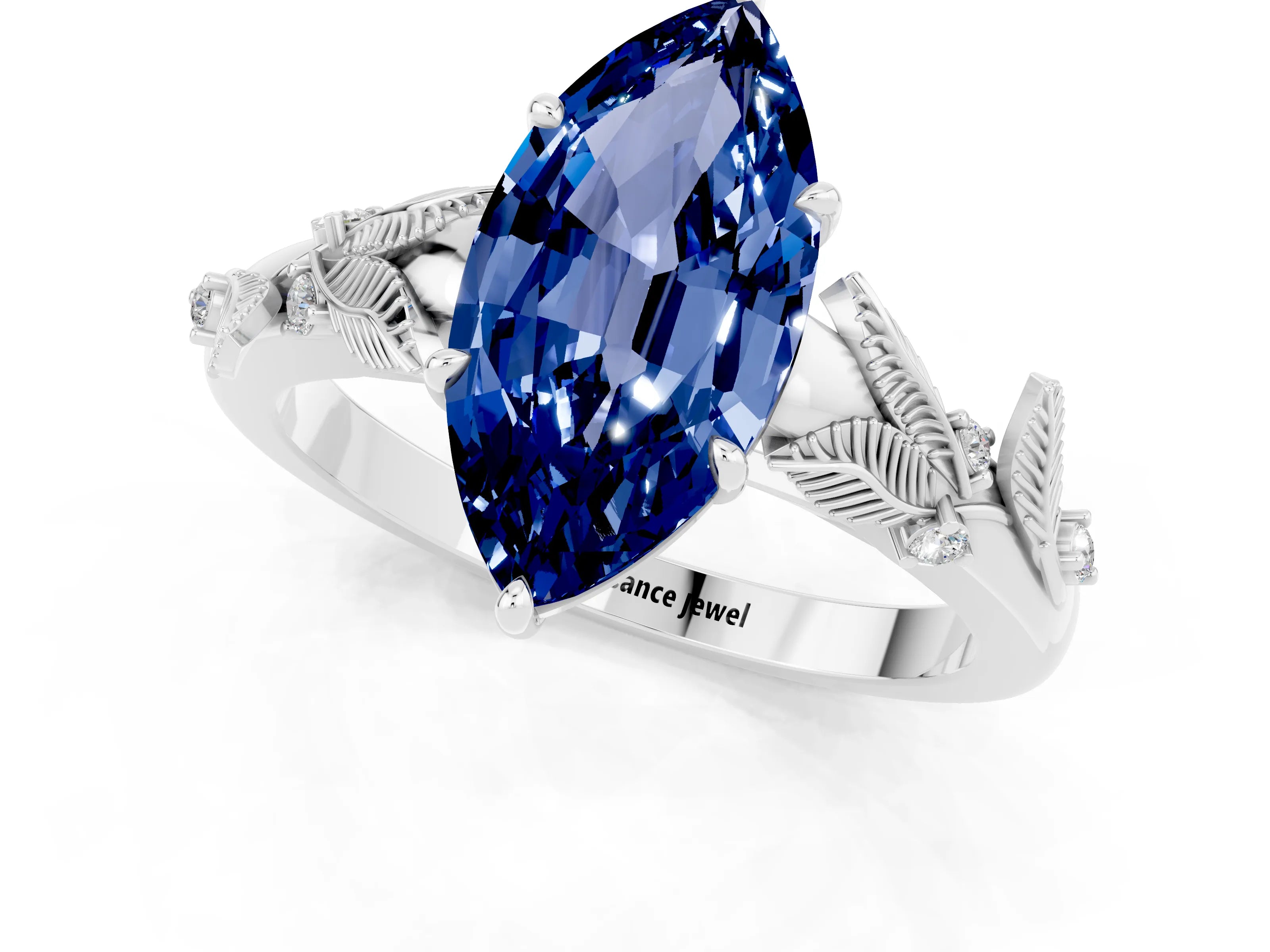 White gold Marquise Cut Blue Sapphire Solitaire Ring with Leaf Motif Band and Four-Prong Setting_13