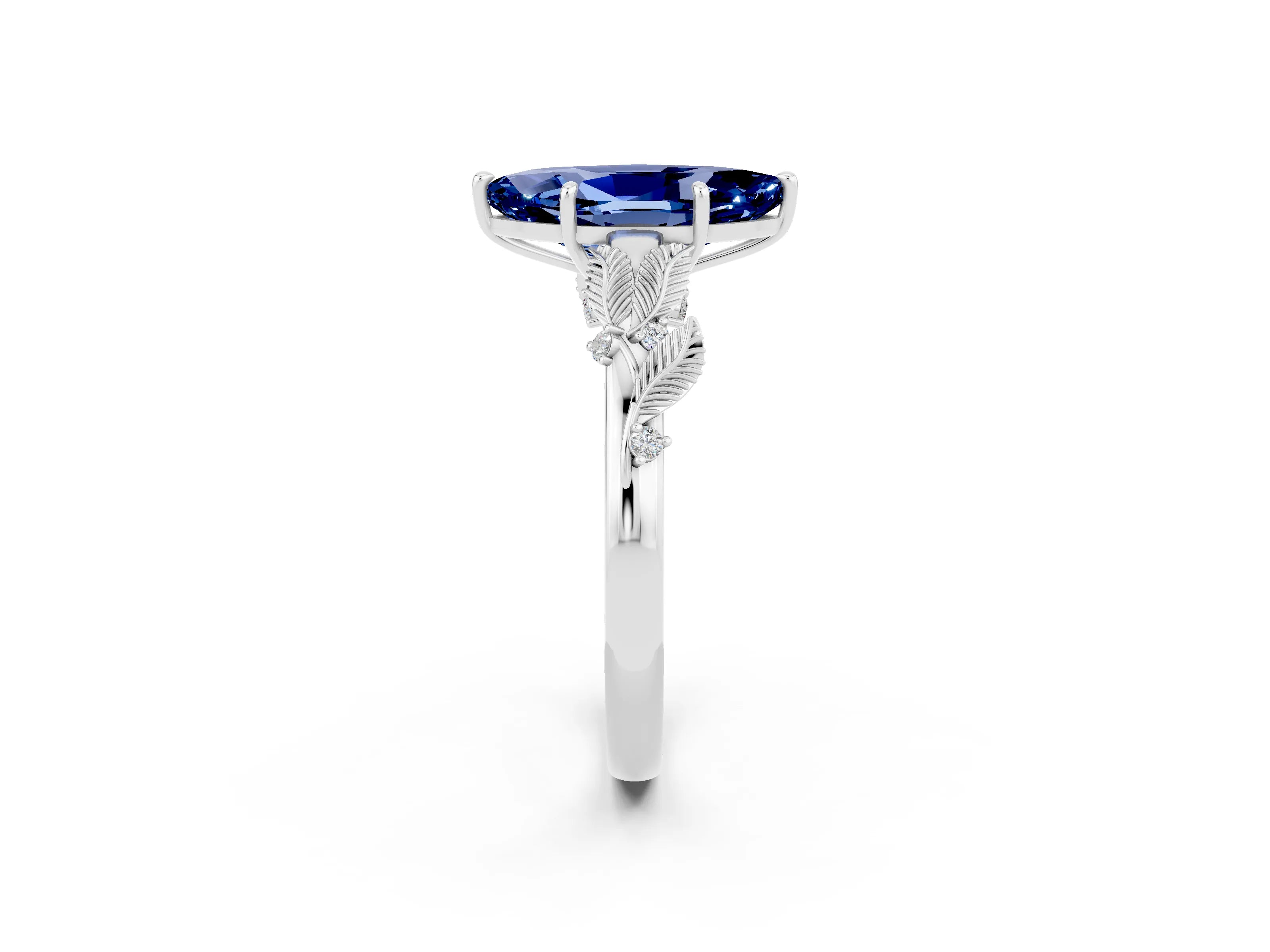 White gold Marquise Cut Blue Sapphire Solitaire Ring with Leaf Motif Band and Four-Prong Setting_2