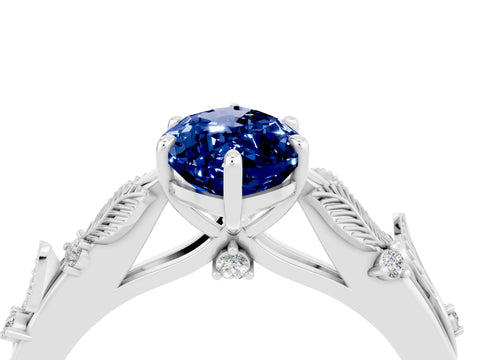 White gold Marquise Cut Blue Sapphire Solitaire Ring with Leaf Motif Band and Four-Prong Setting_4