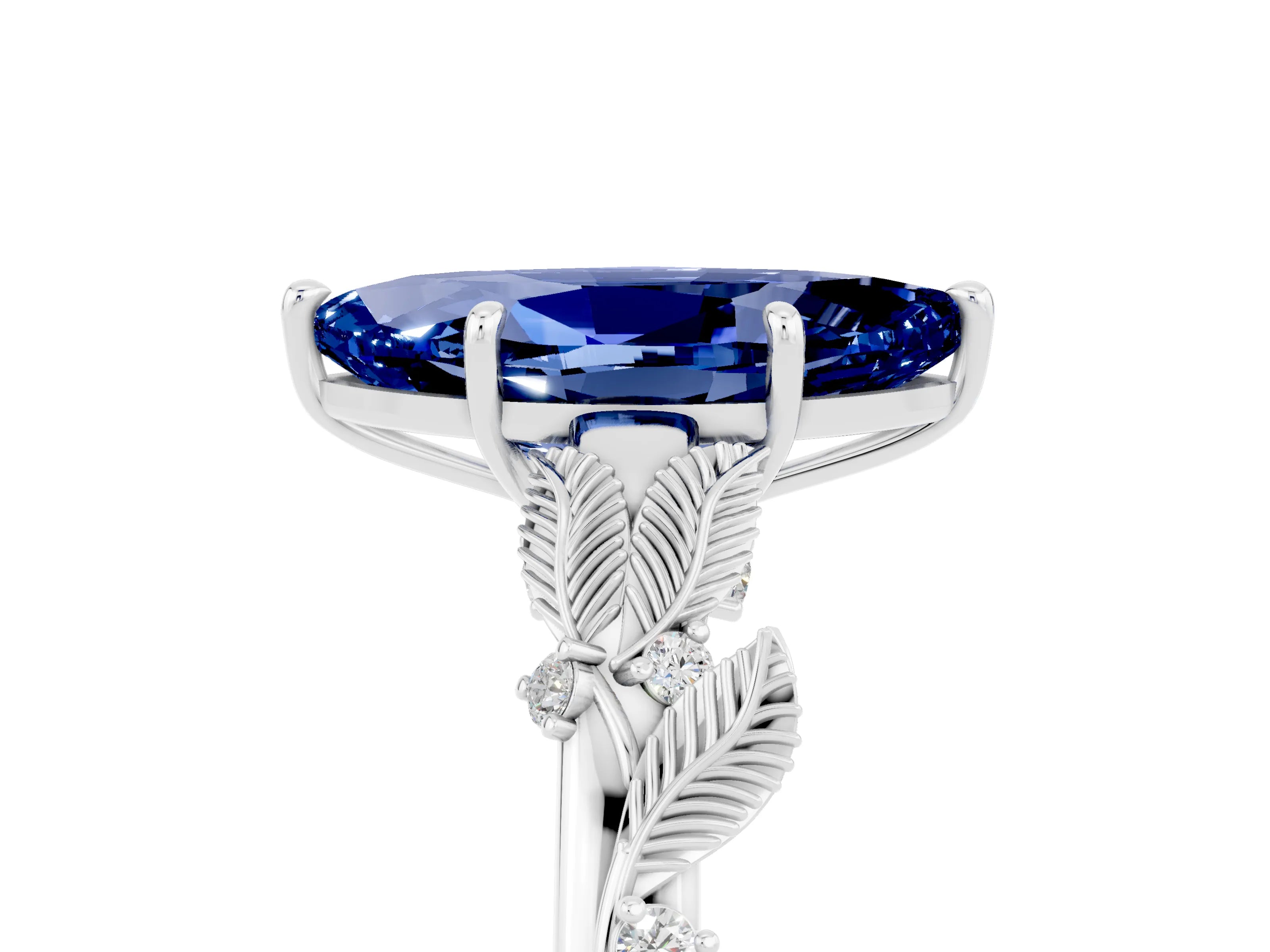 White gold Marquise Cut Blue Sapphire Solitaire Ring with Leaf Motif Band and Four-Prong Setting_5