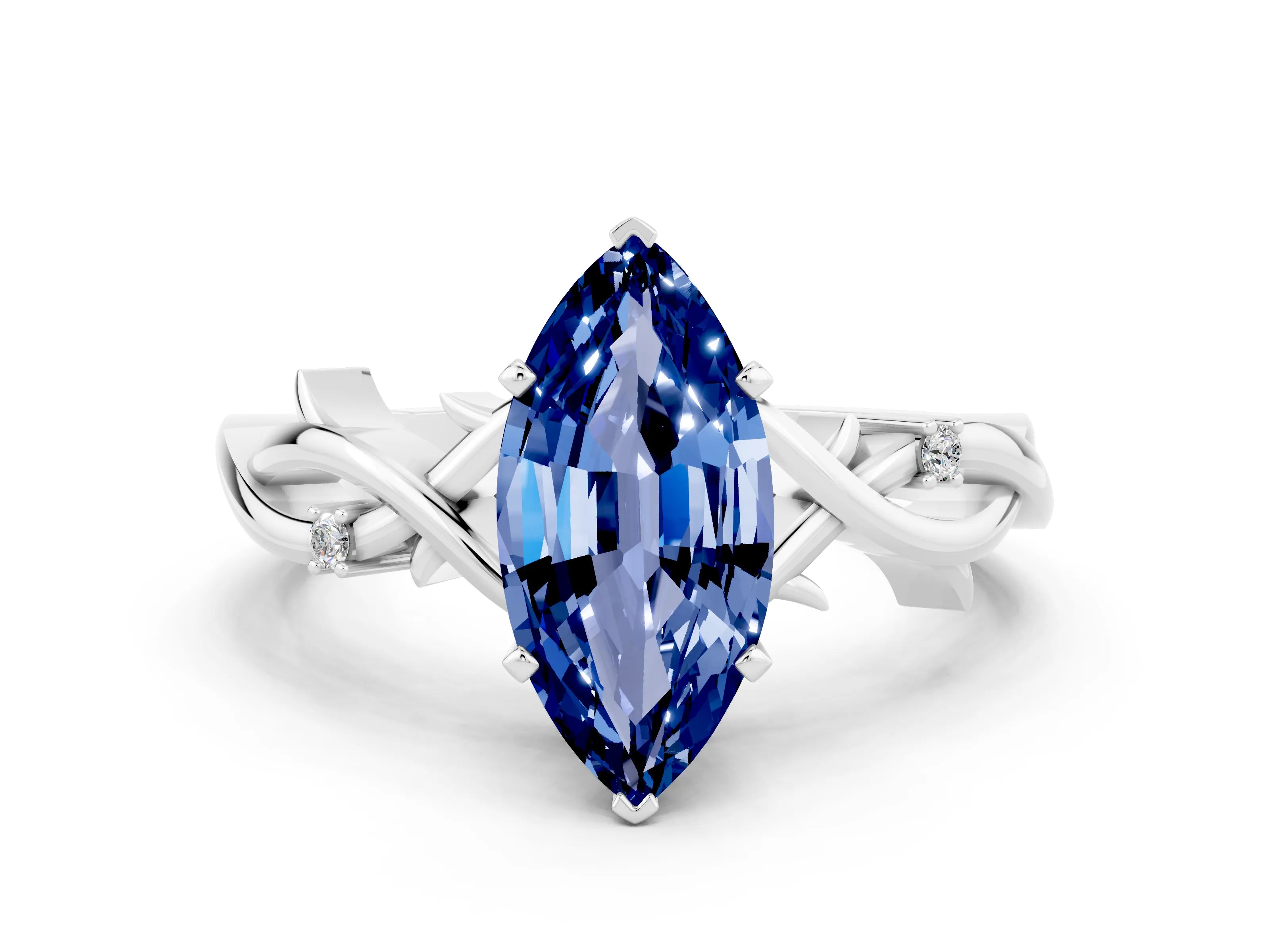 White gold Marquise Cut Blue Sapphire Solitaire Ring with Milgrain Pavé Band and Four-Prong Setting_12