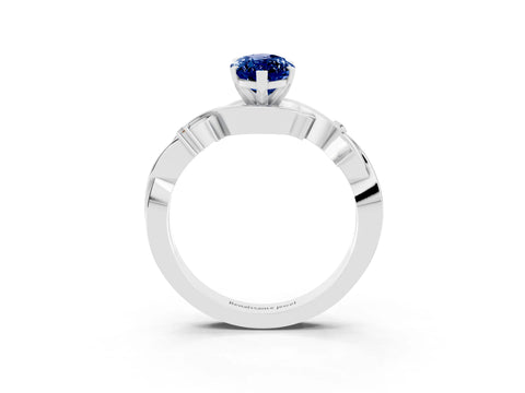 White gold Marquise Cut Blue Sapphire Solitaire Ring with Milgrain Pavé Band and Four-Prong Setting_15