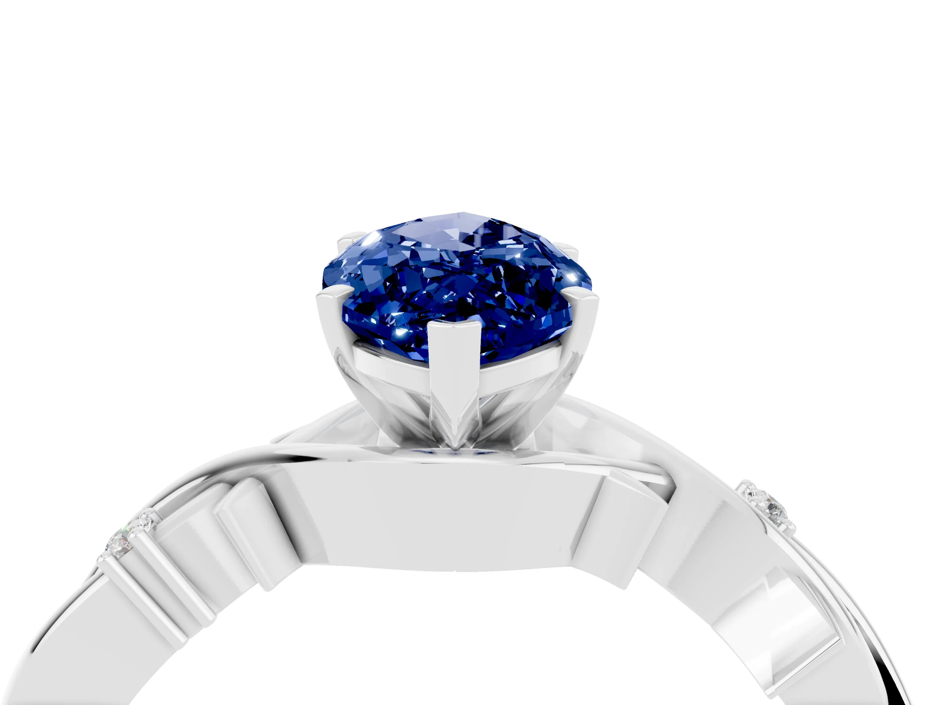 White gold Marquise Cut Blue Sapphire Solitaire Ring with Milgrain Pavé Band and Four-Prong Setting_16