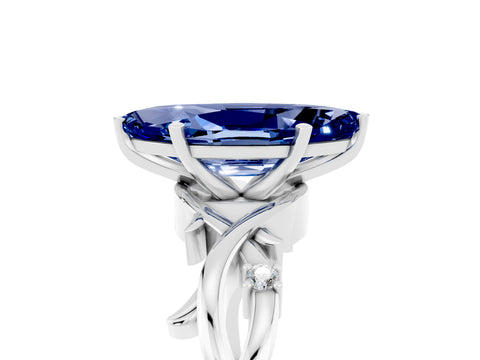 White gold Marquise Cut Blue Sapphire Solitaire Ring with Milgrain Pavé Band and Four-Prong Setting_17