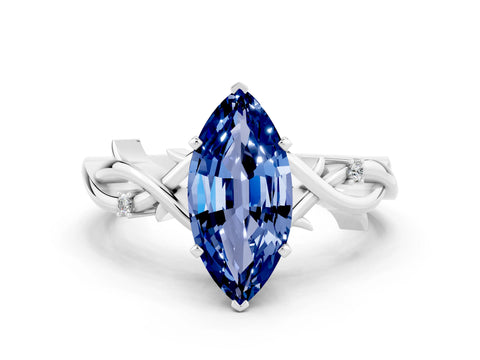 White gold Marquise Cut Blue Sapphire Solitaire Ring with Milgrain Pavé Band and Four-Prong Setting_36