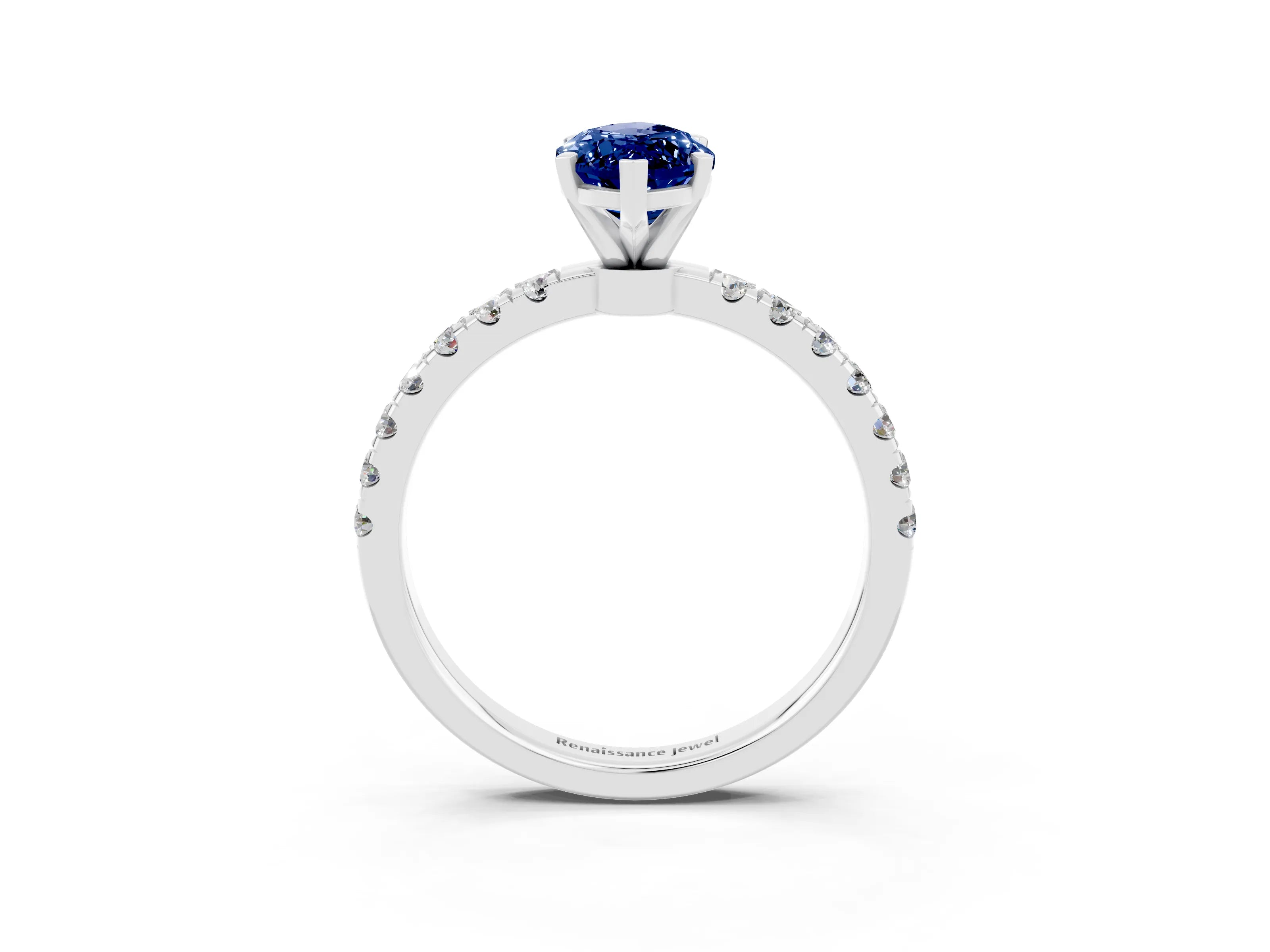 White gold Marquise Cut Blue Sapphire Solitaire Ring with Pavé Accents and Four-Prong Setting_3
