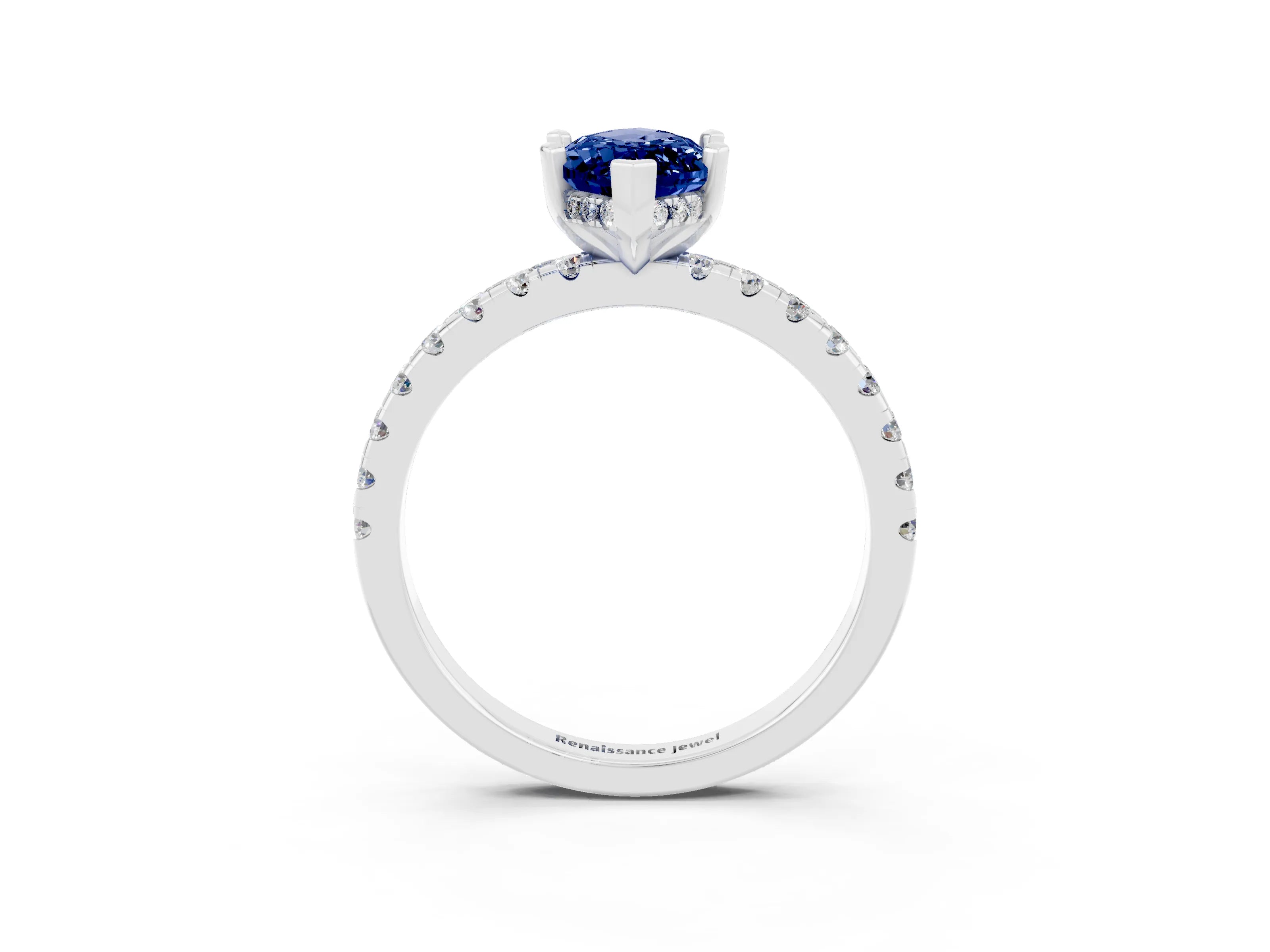 White gold Marquise Cut Blue Sapphire Solitaire Ring with Pavé Band and Four-Prong Setting_27
