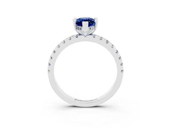 White gold Marquise Cut Blue Sapphire Solitaire Ring with Round  Pavé Band and Four-Prong Setting