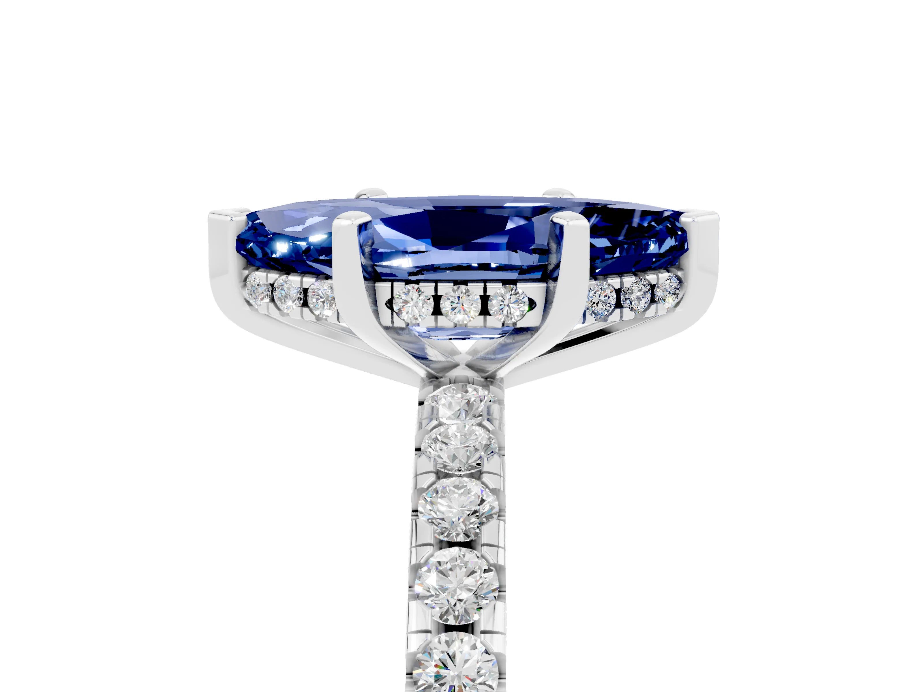 White gold Marquise Cut Blue Sapphire Solitaire Ring with Pavé Band and Four-Prong Setting_29