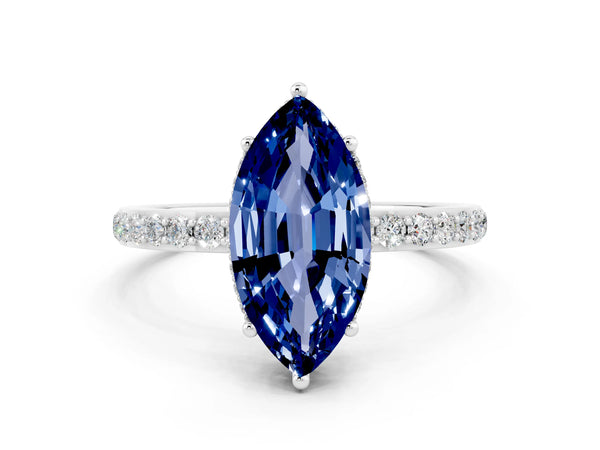 Platinum Marquise Cut Blue Sapphire Solitaire Ring with Pavé Band and Hidden Halo