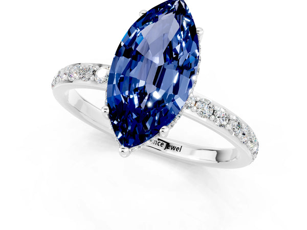 Silver Marquise Cut Blue Sapphire Solitaire Ring with Pavé Band and Hidden Halo