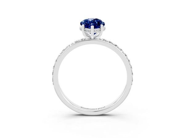 White gold Marquise Cut Blue Sapphire Solitaire Ring with Pavé Band and Hidden Halo