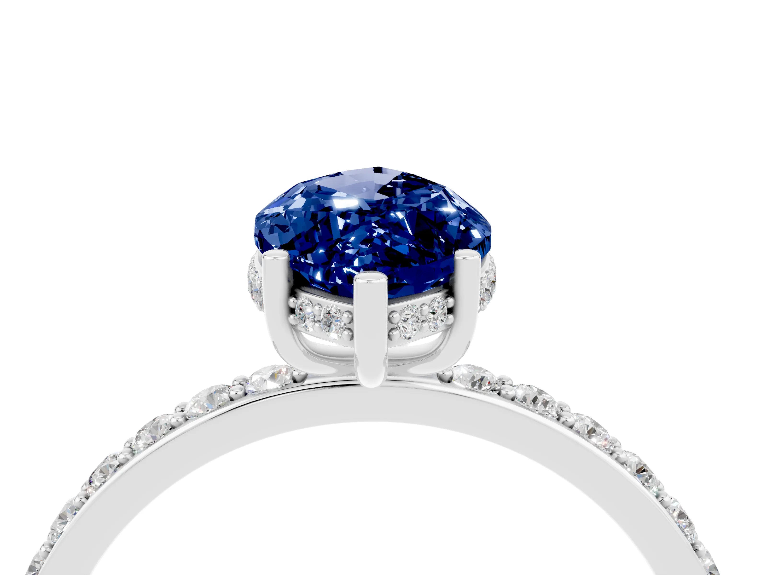 White gold Marquise Cut Blue Sapphire Solitaire Ring with Pavé Band and Hidden Halo_4