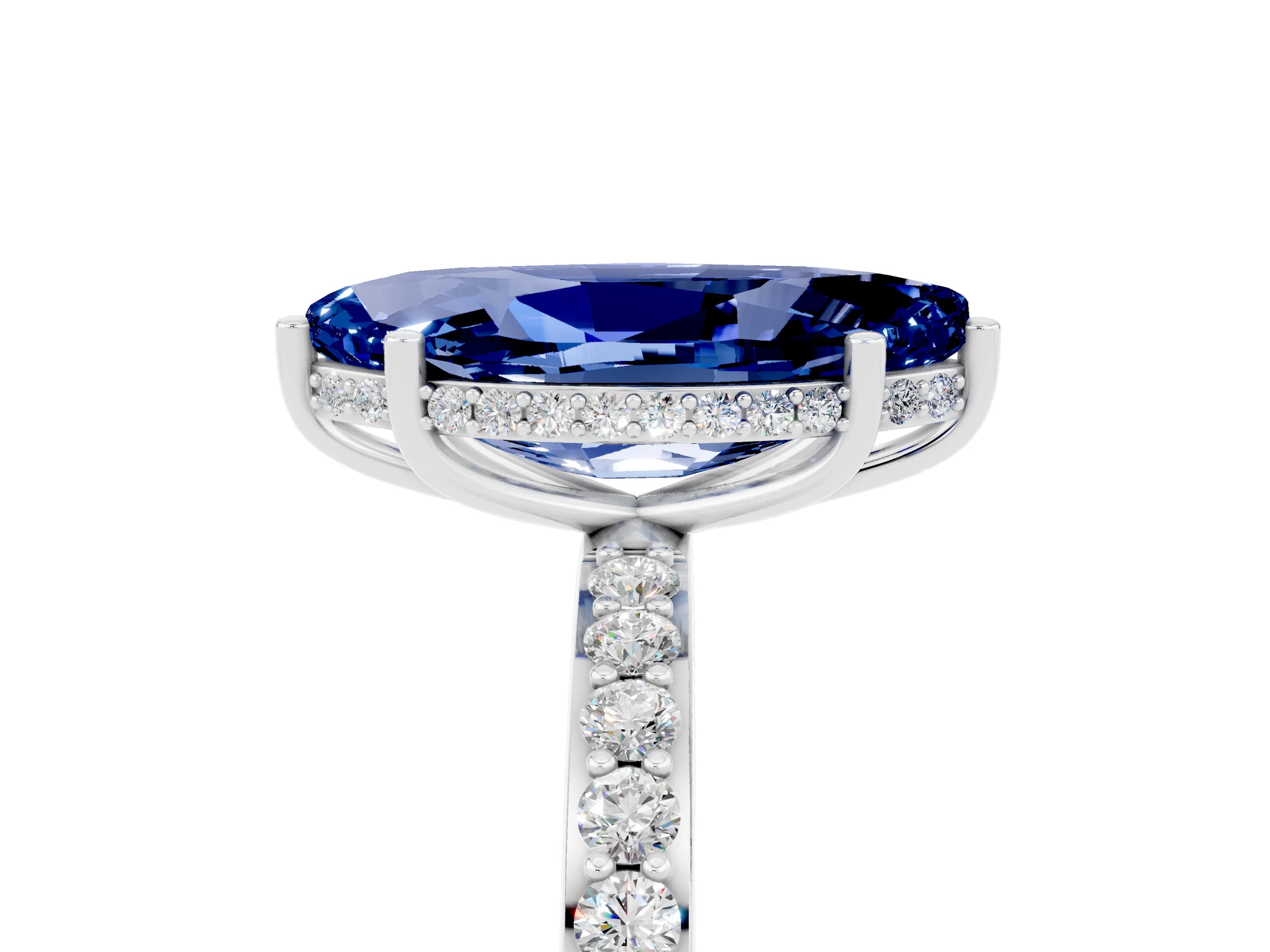 White gold Marquise Cut Blue Sapphire Solitaire Ring with Pavé Band and Hidden Halo_5