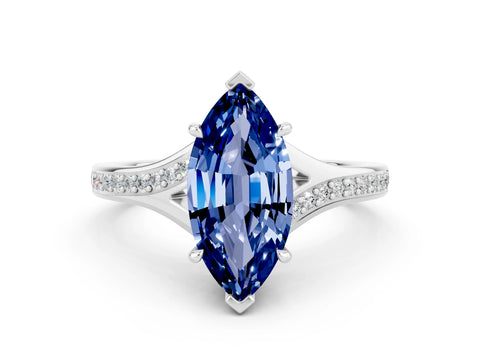 White gold Marquise Cut Blue Sapphire Solitaire Ring with Pavé Band and Prong Setting_12