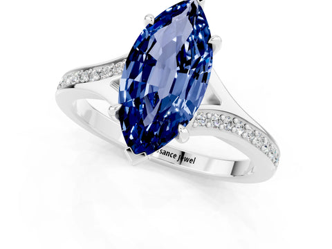 White gold Marquise Cut Blue Sapphire Solitaire Ring with Pavé Band and Prong Setting_13