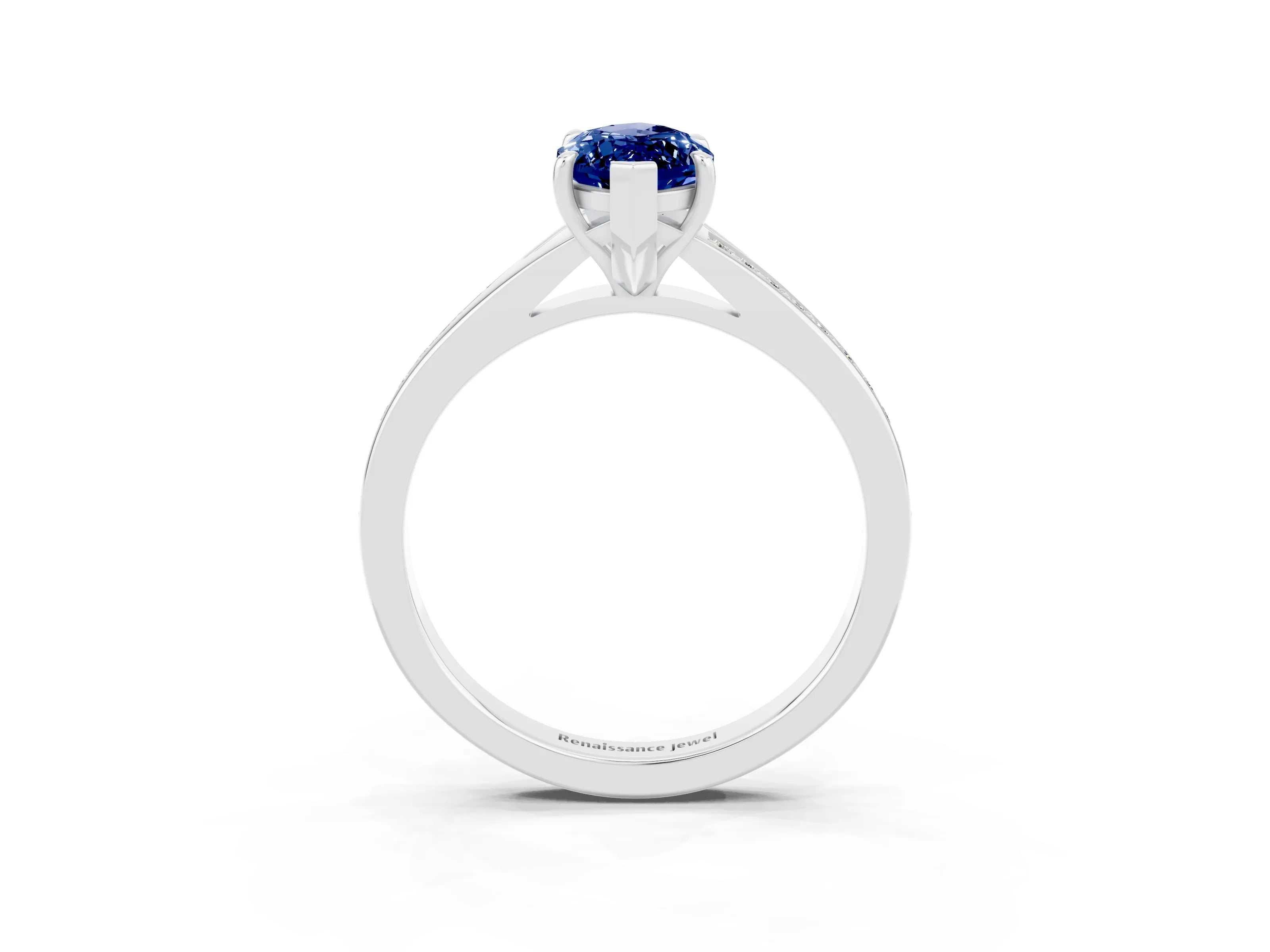 White gold Marquise Cut Blue Sapphire Solitaire Ring with Pavé Band and Prong Setting_15