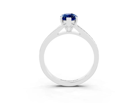 White gold Marquise Cut Blue Sapphire Solitaire Ring with Pavé Band and Prong Setting_15