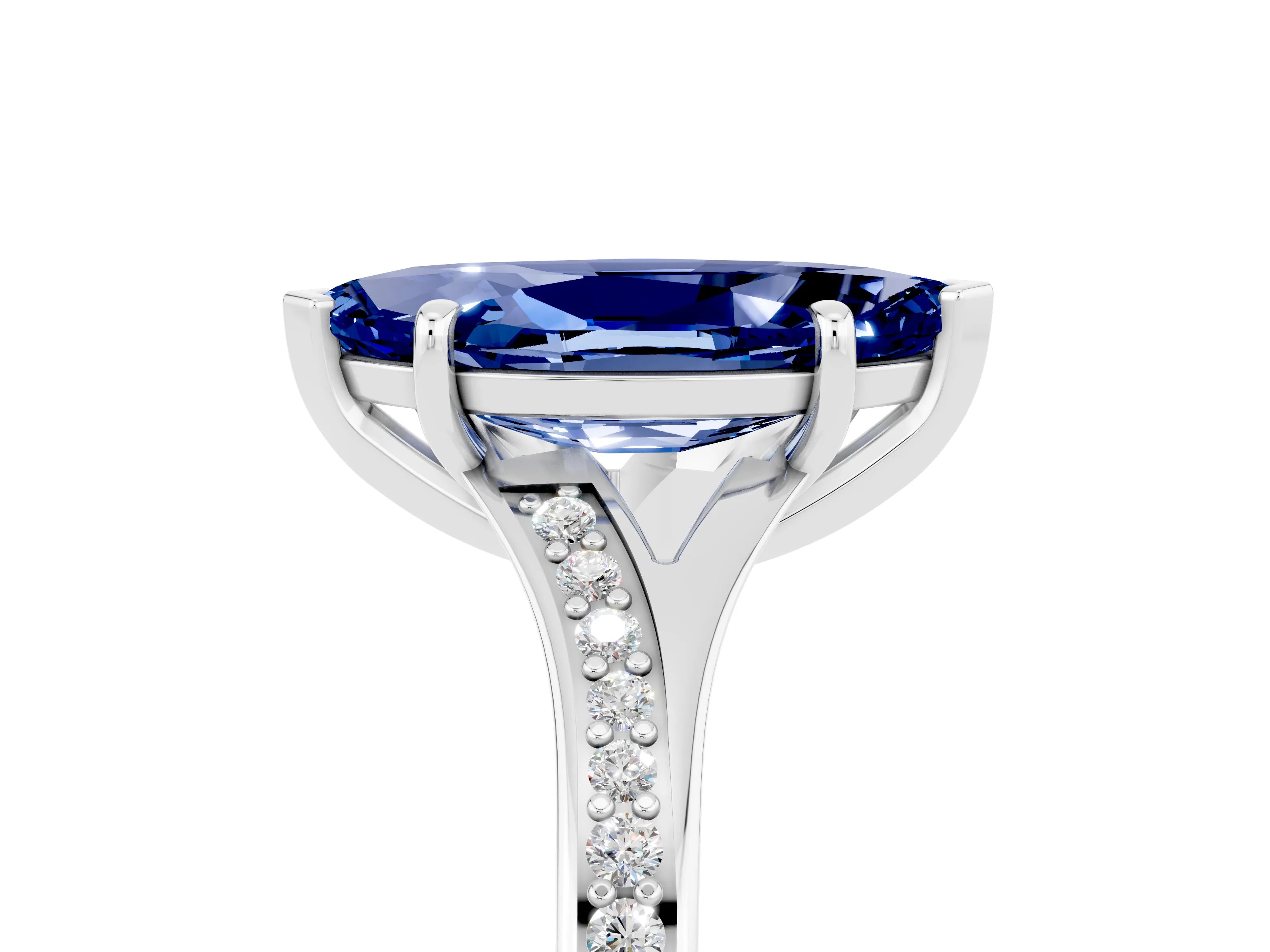 White gold Marquise Cut Blue Sapphire Solitaire Ring with Pavé Band and Prong Setting_17