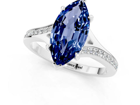 White gold Marquise Cut Blue Sapphire Solitaire Ring with Pavé Band and Prong Setting_1