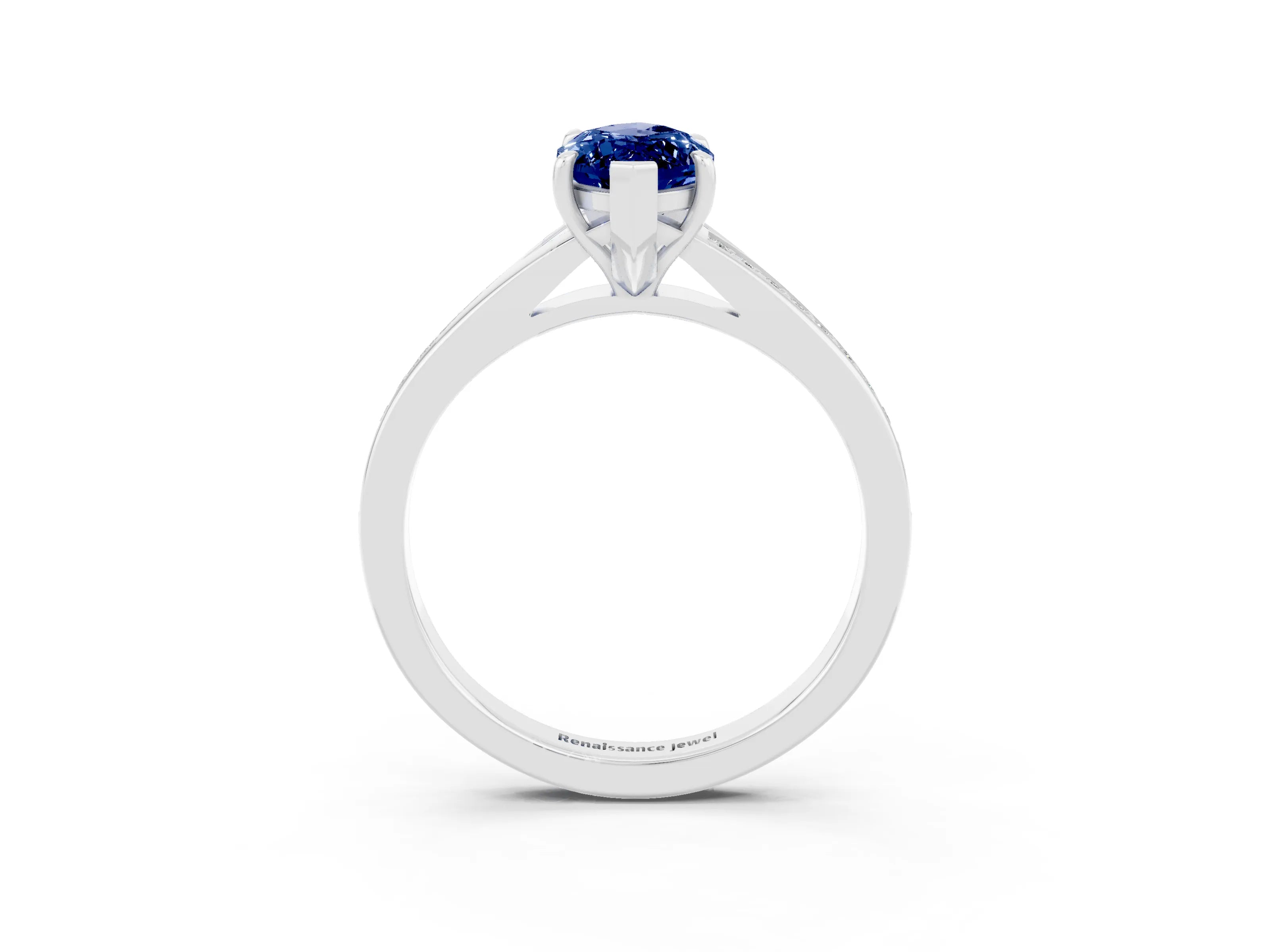 White gold Marquise Cut Blue Sapphire Solitaire Ring with Pavé Band and Prong Setting_3