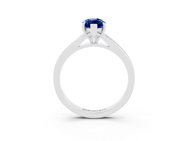 White gold Marquise Cut Blue Sapphire Solitaire Ring with Pavé Band and Prong Setting