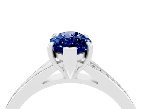 White gold Marquise Cut Blue Sapphire Solitaire Ring with Pavé Band and Prong Setting_4