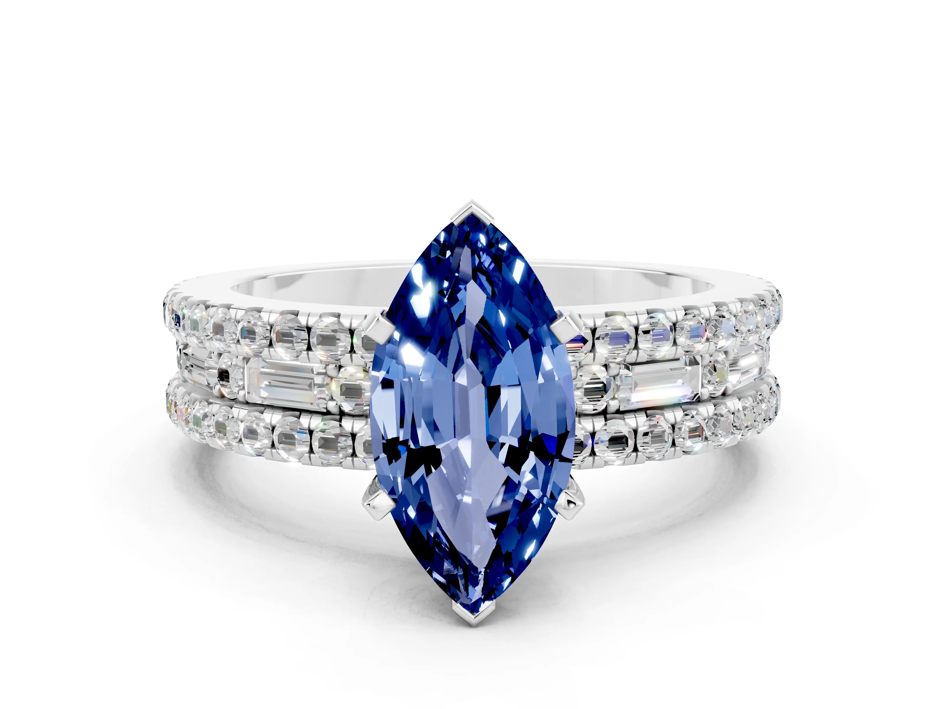 White gold Marquise Cut Blue Sapphire Solitaire Ring with Pavé and Channel Set Band