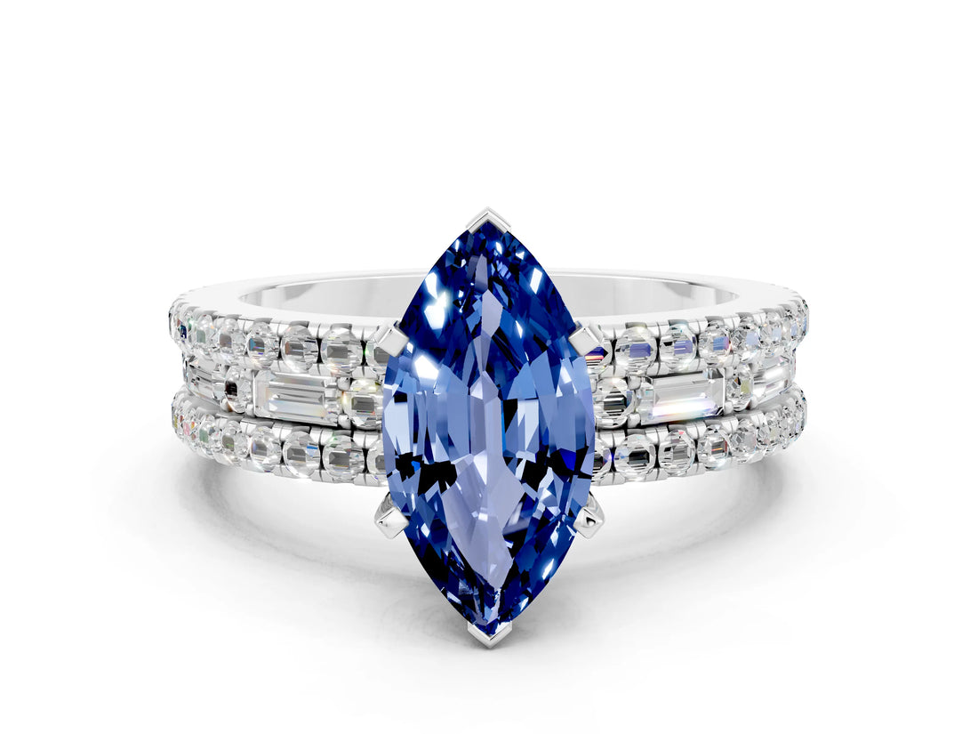 White gold Marquise Cut Blue Sapphire Solitaire Ring with Pavé and Channel Set Band