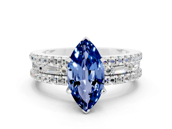 Silver Marquise Cut Blue Sapphire Solitaire Ring with Pavé and Channel Set Band